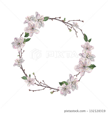 Round wreath created from delicate cherry blossoms, buds, leaves and twigs. Hand drawn watercolor illustration of snow-white petals on isolated background. Floral layout for tableware, wedding design Round wreath created from delicate cherry blossoms, buds, leaves and twigs. Hand drawn watercolor illustration of snow-white petals on isolated background. Floral layout for tableware, wedding design 132128319
