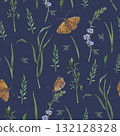 Floral seamless pattern of wild herbs, delicate tiny flowers and vibrant orange butterflies. Hand drawn watercolor illustration of intricate insects on blue background. For nature-inspired projects 132128328