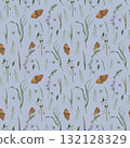 Floral seamless pattern of wild herbs, delicate tiny flowers and vibrant orange butterflies. Hand drawn watercolor illustration of intricate insects on blue background. For nature-inspired projects 132128329