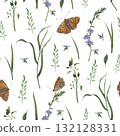 Floral seamless pattern of wild herbs, delicate tiny flowers and vibrant orange butterflies. Hand drawn watercolor illustration of intricate insects on white background. For nature-inspired projects 132128331