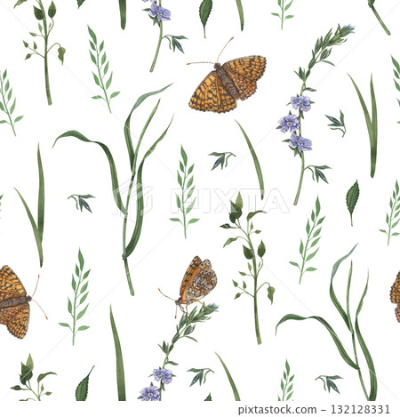 Floral seamless pattern of wild herbs, delicate tiny flowers and vibrant orange butterflies. Hand drawn watercolor illustration of intricate insects on white background. For nature-inspired projects Floral seamless pattern of wild herbs, delicate tiny flowers and vibrant orange butterflies. Hand drawn watercolor illustration of intricate insects on white background. For nature-inspired projects 132128331