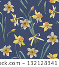 Bouquet of narcissus with green leaves and buds. Hand drawn botanical watercolor seamless pattern on blue background. Perfect for cards, wedding designs, botanical prints, textile and wallpapers 132128341