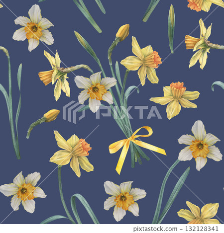 Bouquet of narcissus with green leaves and buds. Hand drawn botanical watercolor seamless pattern on blue background. Perfect for cards, wedding designs, botanical prints, textile and wallpapers Bouquet of narcissus with green leaves and buds. Hand drawn botanical watercolor seamless pattern on blue background. Perfect for cards, wedding designs, botanical prints, textile and wallpapers 132128341