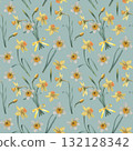 Bouquet of narcissus with green leaves and buds. Hand drawn botanical watercolor seamless pattern on green background. Perfect for cards, wedding designs, botanical prints, textile and wallpapers 132128342