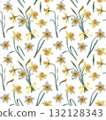 Bouquet of narcissus with green leaves and buds. Hand drawn botanical watercolor seamless pattern on white background, perfect for cards, wedding designs, botanical prints, textile and wallpapers 132128343