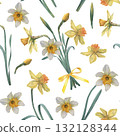 Bouquet of narcissus with green leaves and buds. Hand drawn botanical watercolor seamless pattern on white background, perfect for cards, wedding designs, botanical prints, textile and wallpapers 132128344