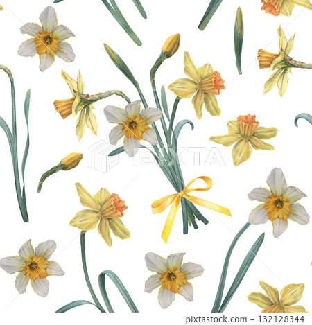 Bouquet of narcissus with green leaves and buds. Hand drawn botanical watercolor seamless pattern on white background, perfect for cards, wedding designs, botanical prints, textile and wallpapers Bouquet of narcissus with green leaves and buds. Hand drawn botanical watercolor seamless pattern on white background, perfect for cards, wedding designs, botanical prints, textile and wallpapers 132128344