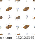 Forget-me-not and butterfly. Floral seamless pattern. Hand drawn watercolor illustration of spring flowers and Insect with Intricate ornament on wings in orange and blue colors on white background 132128345