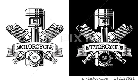 Motor club custom garage logo featuring a large piston and two crossed spark plugs with a ribbon banner black and white reverse versions for vintage branding and apparel design Motor club custom garage logo featuring a large piston and two crossed spark plugs with a ribbon banner black and white reverse versions for vintage branding and apparel design 132128621