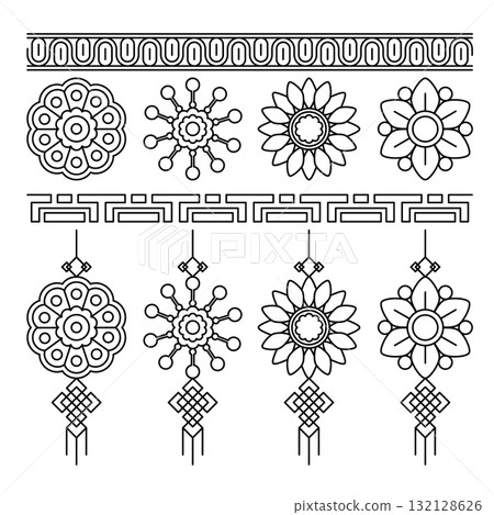 Set of Korean traditional decorative ornament patterns and border designs featuring geometric shapes intricate floral motifs and stylized knots with tassels Asian art Set of Korean traditional decorative ornament patterns and border designs featuring geometric shapes intricate floral motifs and stylized knots with tassels Asian art 132128626