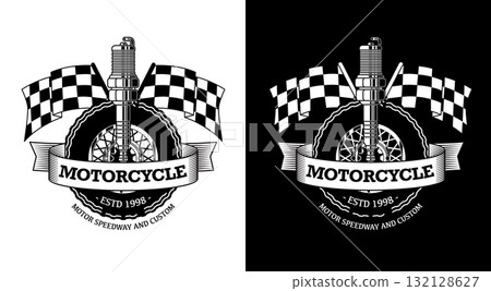 Motorcycle club or custom garage vector logo spark plug spoked wheel checkered racing flags crossed behind a ribbon banner black and white reverse versions for branding and merchandise 132128627