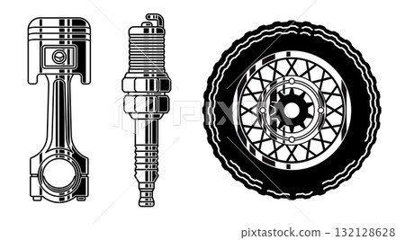 illustration of essential motorcycle garage elements piston with connecting rod spark plug detailed spoked wheel retro motor club logos custom repair shop emblems apparel design illustration of essential motorcycle garage elements piston with connecting rod spark plug detailed spoked wheel retro motor club logos custom repair shop emblems apparel design 132128628
