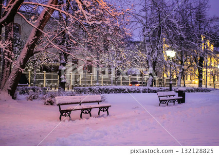 Romantic evening view of snowy park with lanterns in Riga. Romantic evening view of snowy park with lanterns in Riga. 132128825
