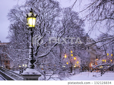 Urban lanterns in snow-covered Riga park. 132128834