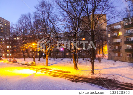 Atmospheric twilight street scene in downtown Riga. 132128863