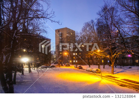 Atmospheric twilight street scene in downtown Riga. 132128864