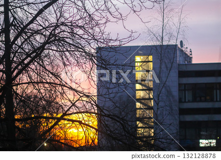 Evening street view in downtown Riga with glowing lights. 132128878