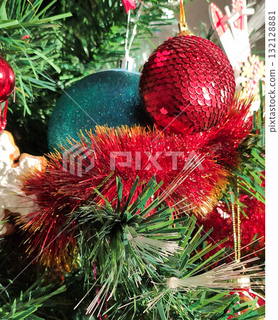 Cozy home interior with Christmas tree festive details. 132128881