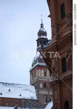 Old Riga view with church spires in wintertime. 132128905