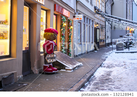 Historic Old Town Riga covered in fresh winter snow. 132128941