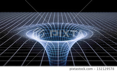 A curvature of spacetime, a gravitational funnel, or a wormhole. A scientific concept. 132129578