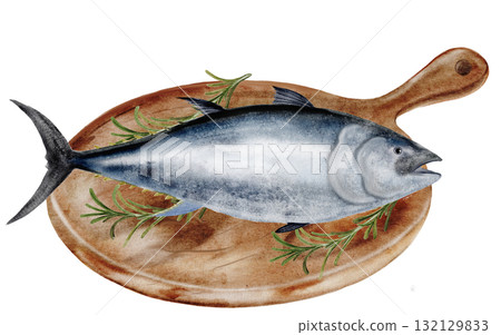 Tuna watercolor. Hand-drawn ocean fish on a white background. Food clip art. Perfect for restaurant menu recipe books and Japanese cuisine. Tuna watercolor. Hand-drawn ocean fish on a white background. Food clip art. Perfect for restaurant menu recipe books and Japanese cuisine. 132129833