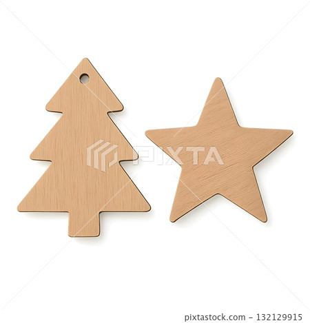 Two wooden Christmas shapes isolated on white: a tree tag with hole and a five-point star. 132129915