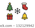Set of colorful Christmas line icons: tree with star, red stocking, wrapped gift, snowflake 132129942