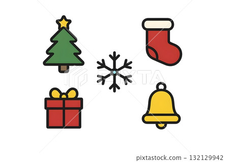 Set of colorful Christmas line icons: tree with star, red stocking, wrapped gift, snowflake 132129942