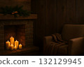 Cozy rustic living room with brick fireplace of glowing candles, pine and cinnamon on mantel 132129945