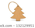 Wooden Christmas tree ornament with jute twine loop, isolated on white 132129951