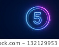 Neon glowing number 5 inside a circular outline on dark blue background with subtle particles 132129953