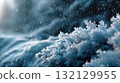 Macro view of sparkling snowflakes and frost crystals on a snowy surface as gentle snowfall drifts down 132129955