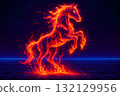 Neon fire horse rearing on a retro grid, blazing orange and red against a dark purple space 132129956