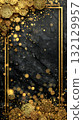 Luxurious black marble background with double gold frame and sparkling glitter bokeh confetti 132129957