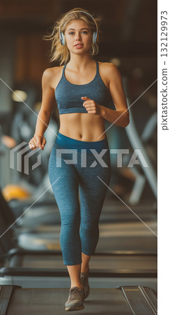 Female runner wearing headphones at the gym Female runner wearing headphones at the gym 132129973