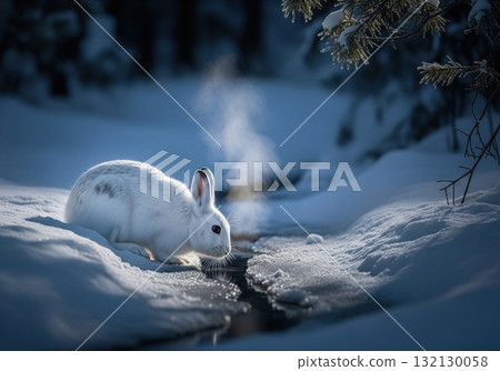 White arctic hare in its winter coat drinking from a steaming creek in a snowy forest White arctic hare in its winter coat drinking from a steaming creek in a snowy forest 132130058