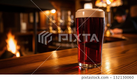 A pint of dark ale beer on a wooden bar counter in a cozy traditional pub with a fireplace A pint of dark ale beer on a wooden bar counter in a cozy traditional pub with a fireplace 132130060