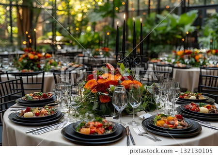 Lush garden reception with floral centerpieces, black candelabra and elegantly plated courses on round tables 132130105