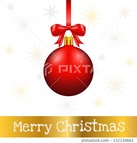Glossy red Christmas ornament ball with red hanging ribbon and bow with stars. Merry Christmas card ymbolizing festive holiday decoration.. Design for seasonal holidays, cover, poster 132130661