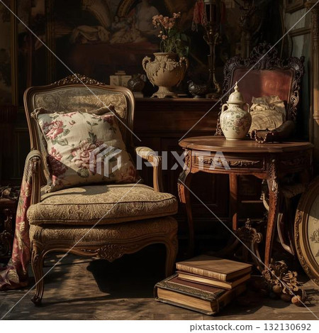 A room furnished with antique furniture 132130692
