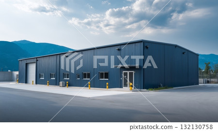 Modern dark blue steel warehouse design featuring office space and ample parking for industrial logistics 132130758