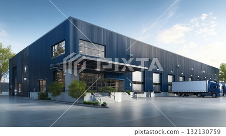 Modern dark blue steel warehouse with office space and parked truck for industrial logistics in urban setting Modern dark blue steel warehouse with office space and parked truck for industrial logistics in urban setting 132130759