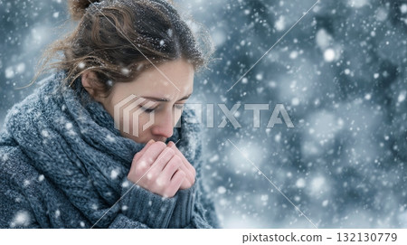 Winter asthma challenges faced by a woman in a snowy landscape during a cold day 132130779