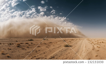 Dust storm approaching over arid landscape with dramatic clouds and sandy terrain in view 132131030