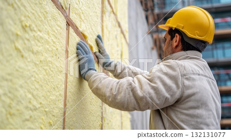 Builder installs polystyrene foam sheets on scaffolding for thermal insulation on exterior wall of a construction site 132131077