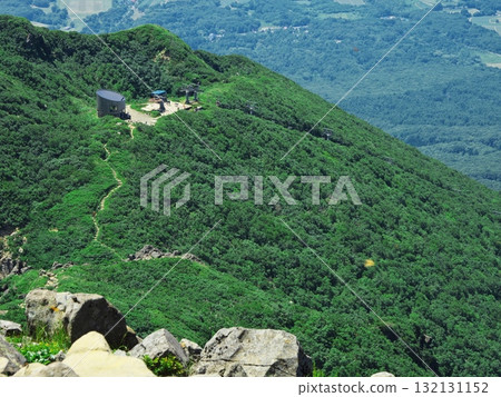 Mt. Iwaki in summer - View of Mt. Chokai and the summit station of the observation lift from the summit Mt. Iwaki in summer - View of Mt. Chokai and the summit station of the observation lift from the summit 132131152