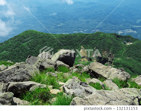 Mt. Iwaki in summer - View of Mt. Chokai and the summit station of the observation lift from the summit Mt. Iwaki in summer - View of Mt. Chokai and the summit station of the observation lift from the summit 132131153