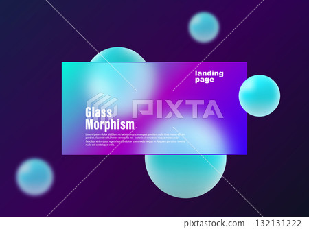 Vibrant glass morphism style banner with neon blue and purple gradient spheres and translucent panel for digital landing page design 132131222