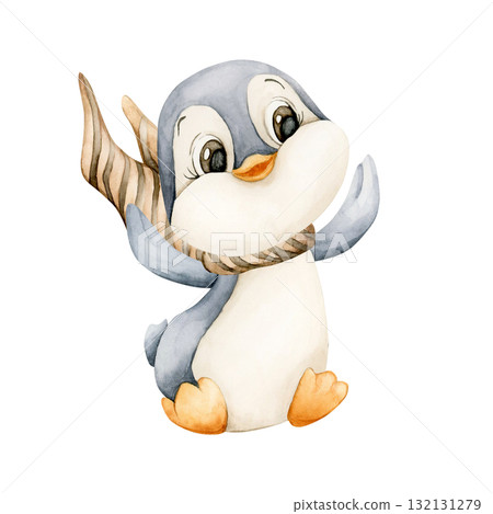 Cute Penguin with striped Scarf. Arctic North animal bird. Watercolor hand drawn illustration isolated on white background for winter design Christmas card baby textile sticker kids holiday print 132131279